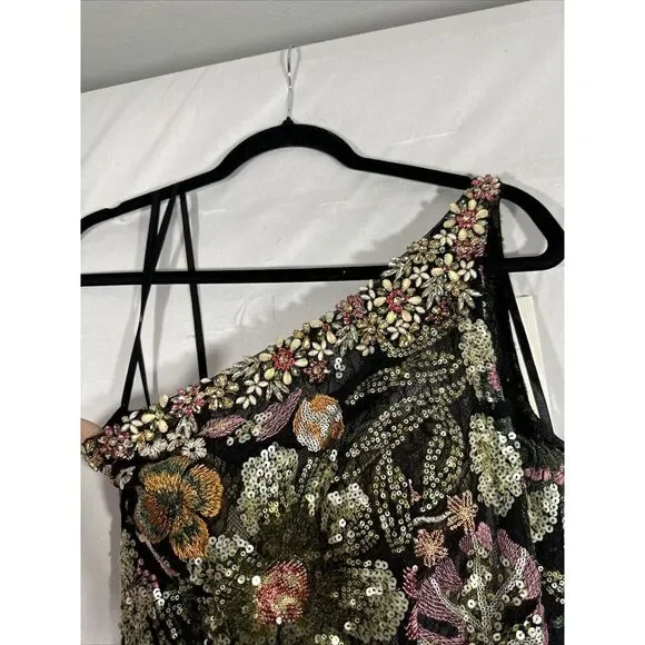 NWT $698 Mac Duggal [ 4 ] 49574 Embellished Floral One Shoulder‎ Gown Black